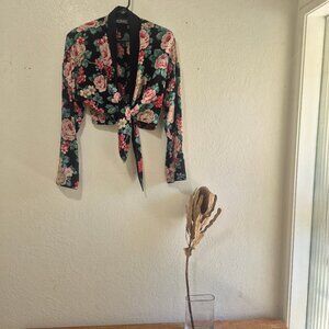 Vintage Cropped Dark Floral Tie Front/Wrap Tuxedo Jacket 90s 80s Dark Romance